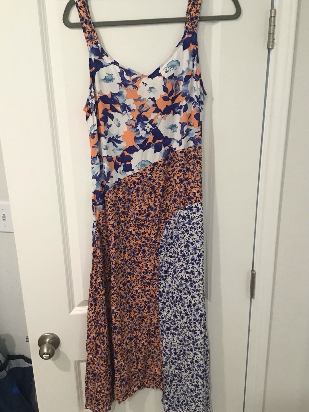 Sleeveless Asymmetrical Floral Maxi Dress in Blue and Orange